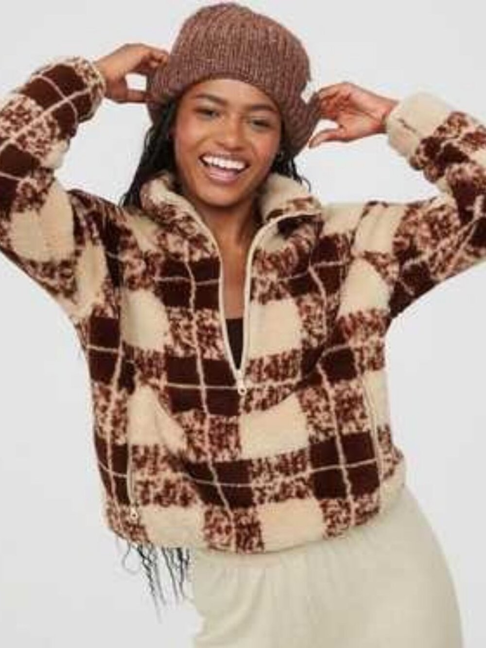 Offline By Aerie sherpa quarter zip sweatshirt brown, beige women's size M